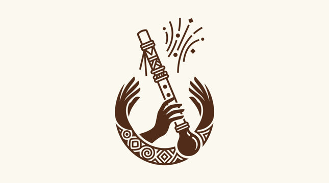 Hands Holding Traditional Wind Instrument with Swirling Patterns and Confetti on Bright Background.
