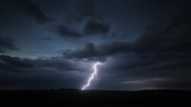 Dramatic lightning strikes across dark stormy night sky over rural landscape