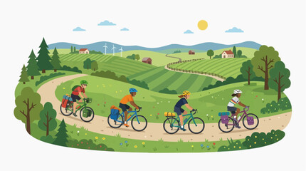 Naklejka premium A vibrant illustration captures the essence of a cycling trip, where cyclists gracefully navigate scenic trails and rolling hills, embracing the joy of outdoor adventure and community.