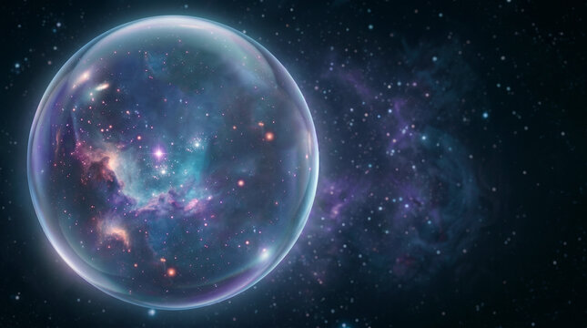  Nebula and galaxy inside a transparent glass sphere in deep space, cosmic bubble concept