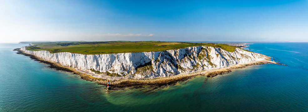 Beachy Head Lighthouse from a drone, Beachy Head Cliffs, English Channel, East Sussex, England