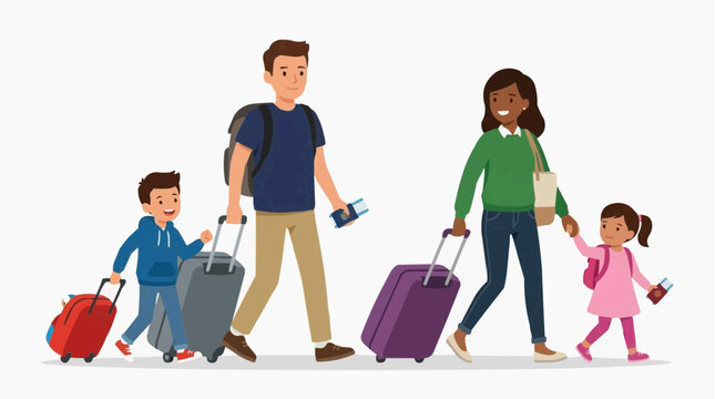 A happy family embarking on an exciting journey, cheerfully pulling their luggage, anticipating adventures, and creating cherished memories.