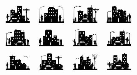 Obraz premium Urban Night Life Silhouette Set with City Buildings and People