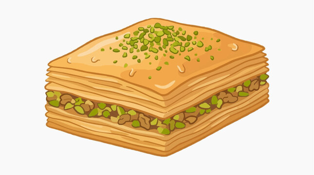 A vibrant illustration presents a freshly baked, close-up view of Baklava, a sweet pastry with layers of flaky phyllo dough, luscious nuts, and sweet syrup.