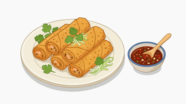 Golden, crispy spring rolls sit elegantly on a plate with vibrant sauce, offering a burst of flavor, ready to delight your taste buds and brighten any culinary project.