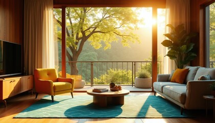 Obraz premium Living room with mid century modern furniture, yellow armchair, sofa, and coffee table. Large window shows sunlit trees and nature view. Cozy home interior design.