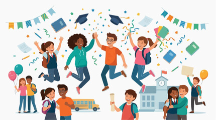 Fototapeta premium Joyful graduation celebration among diverse students in front of the school. Capturing the milestone, dreams, and aspirations of students.