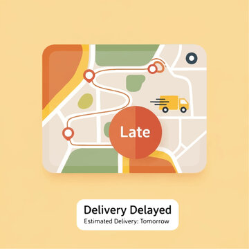 A delivery truck drives on a map with a delayed route indicated.