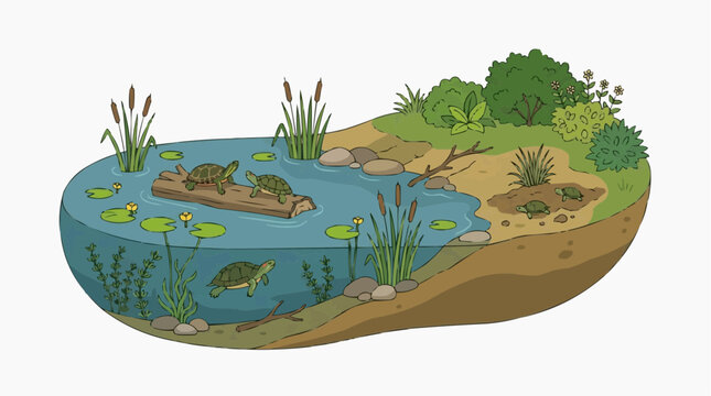 A serene pond ecosystem teems with life, featuring turtles, lush vegetation, and aquatic elements, evoking a sense of tranquility and biodiversity. 