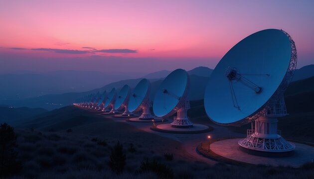 Large satellite dishes form a line on a hill at twilight. The array of antennas points skyward under a pink and purple gradient sunset. Remote observatory captures signals.