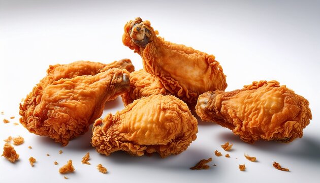 several crispy fried chicken thighs scattered on a white background