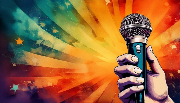 karaoke night poster with hand hold microphone format sing party flyer with paper texture grunge effect colorful background