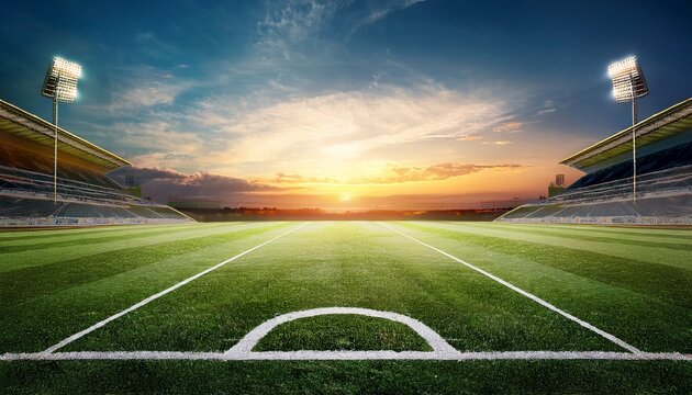 empty football field at dawn perspective view of a freshly cut field lines and stadium at sunrise