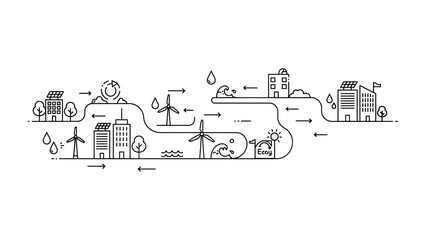 Naklejka premium Sustainable City: A schematic illustration showcases the journey of a sustainable city, illustrating the integration of green energy sources and eco-friendly technologies.