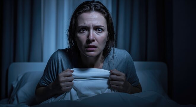 Terrified person experiencing a panic attack in bed, feeling fear and anxiety, dark bedroom, mental health crisis, isolation, sleepless night