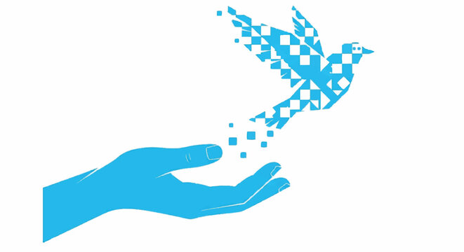A hand releases a flock of digital birds into the air.