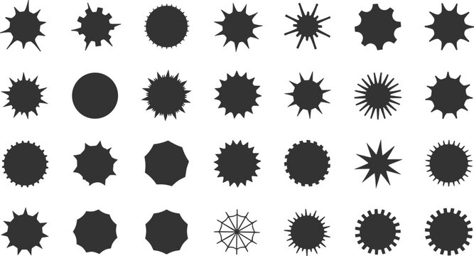 Diverse collection of black starburst and circular abstract shapes on a white background geometric