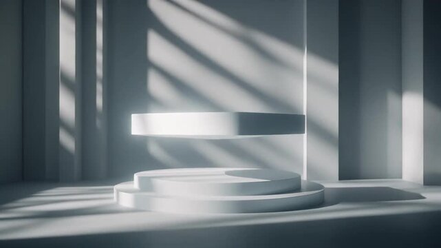 Minimalist White Stage with Floating Platform and Light Shadows