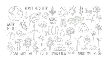 Fototapeta premium Eco-Friendly Elements: An array of hand-drawn icons and elements, illustrating core concepts of sustainability and environmental consciousness, promoting awareness and inspiration.