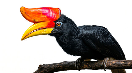 Obraz premium Stunning Rhinoceros Hornbill Perching on Branch Isolated on White Background