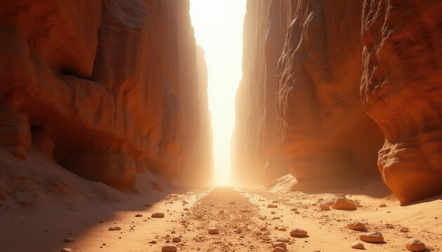 Narrow canyon with tall rock walls. Sandy path leads to bright light. Arid desert landscape with stone formations. Natural light breaks through chasm.