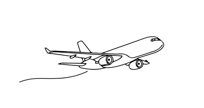 Continuous line drawing of an airplane flying in the sky