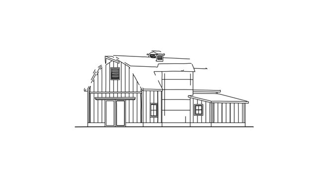 Architectural sketch of a rustic barn with silo, hand drawn line art