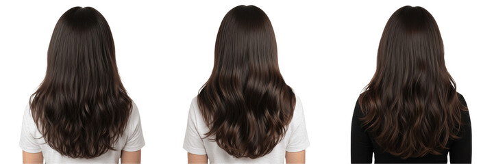 Naklejka premium Set of Woman with Long Shiny Dark Hair Back View Isolated on White Background, PNG