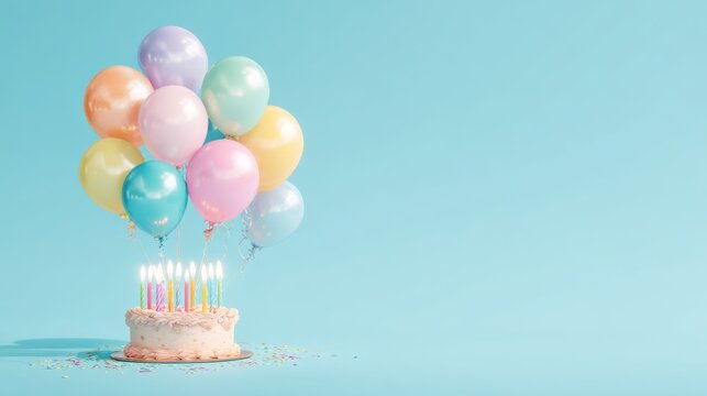 Birthday celebration theme for party event. A birthday cake adorned with lit candles and colorful balloons against a vibrant blue background. The cake is surrounded by a flurry of colorful confetti.