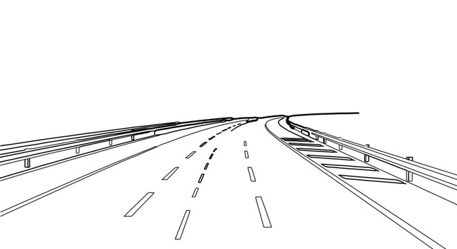 Line art highway curving right with guardrails and lane markings