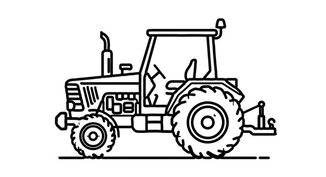 Black and white line art illustration of a farm tractor