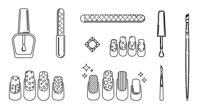 Set of manicure tools and nail art designs