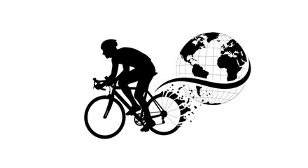 Fototapeta premium Silhouette of cyclist riding towards global earth map vector art