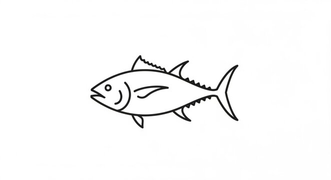 Simple black and white line art drawing of a tuna fish