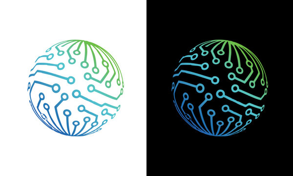 A futuristic circuit board globe illustration depicts technology on black and white