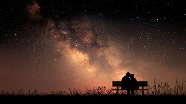Romantic love theme for Valentines Day. Two silhouetted figures seated on a bench, gazing at the night sky filled with stars and a milky way. The bench is surrounded by lush plants.