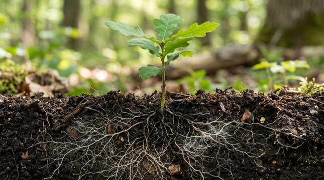 Plant growth supported by mycelium network, symbolizing sustainability, ecology, and green solutions.