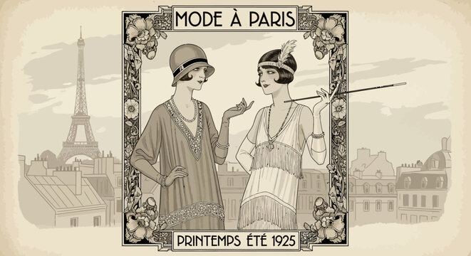 Vintage Parisian fashion illustration of women.
