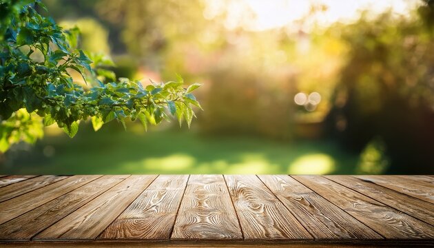 summer time in backyard outdoors wooden table blurred background