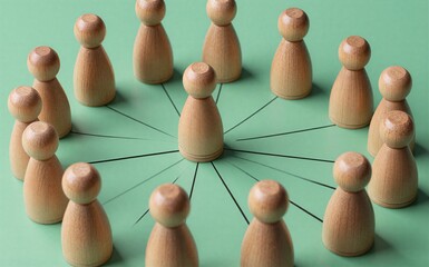 Obraz premium Wooden figures form a circle connected by lines to one central figure.
