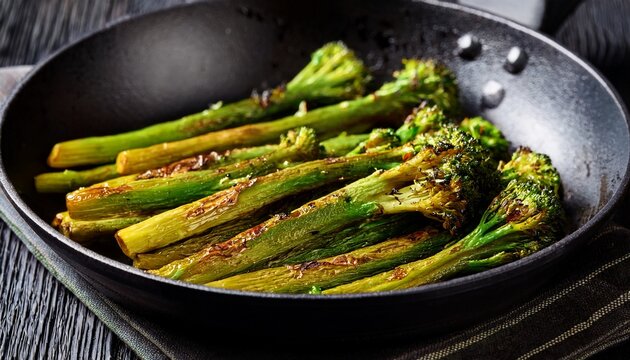 charred broccolini spears in a black pan