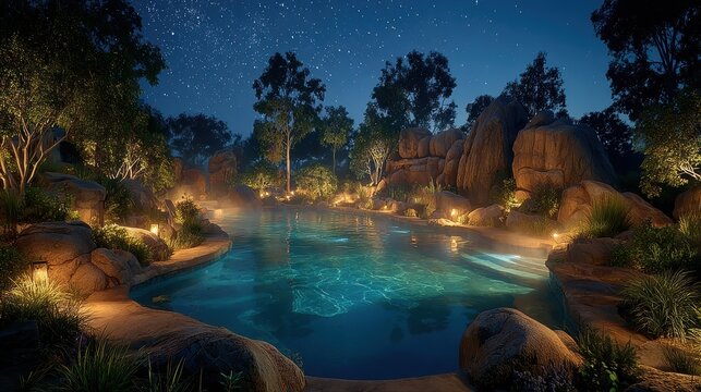 Geothermal hot springs resort, spa, bath pool, relaxation vacation theme. A tranquil night scene with a swimming pool illuminated by lights, surrounded by lush plants and trees.