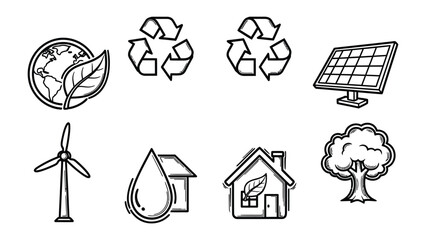 Eco-Friendly Icons: A collection of simple, yet striking hand-drawn icons representing key elements of environmental conservation, sustainability, and renewable energy. © Rokaiya