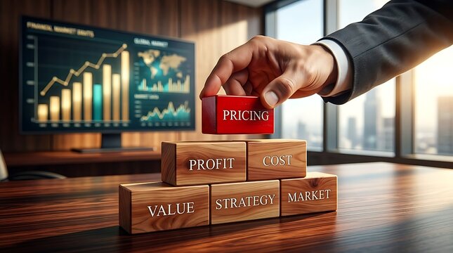 Executive hand building wooden block tower with red pricing top symbolizing financial market strategy and corporate profit