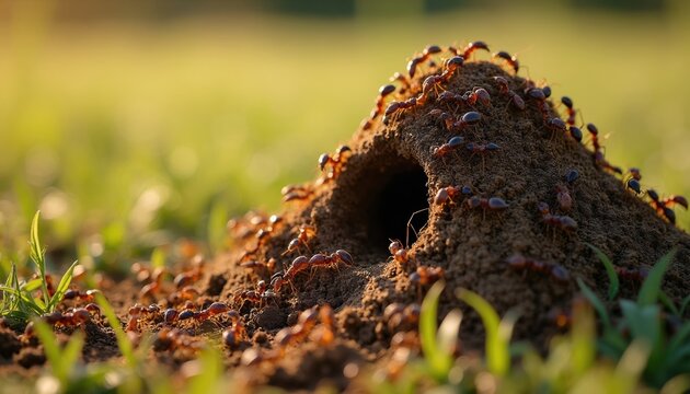 Many ants crawl over dirt mound with hole in grassy field. Insect colony works together building home. Macro view shows tiny creatures busy on natural terrain.
