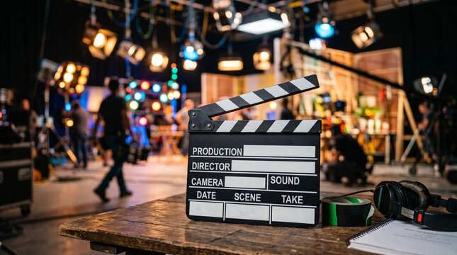director's clapperboard photo with the background of the shooting location made by AI generative