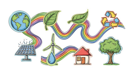 Naklejka premium Eco-Friendly World: Depicting a harmonious vision of sustainable living, this illustration showcases key elements of environmental consciousness – renewable energy, green spaces, and recycling.