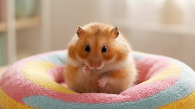 Adorable fluffy Syrian hamster face in a colorful soft plush bed