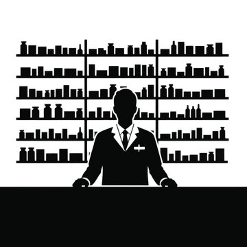 Pharmacist Standing Pharmacy Counter Silhouette