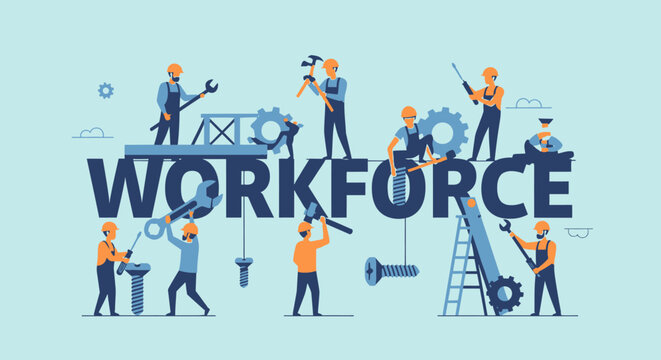 A diverse workforce collaborates on building and manufacturing projects outdoors